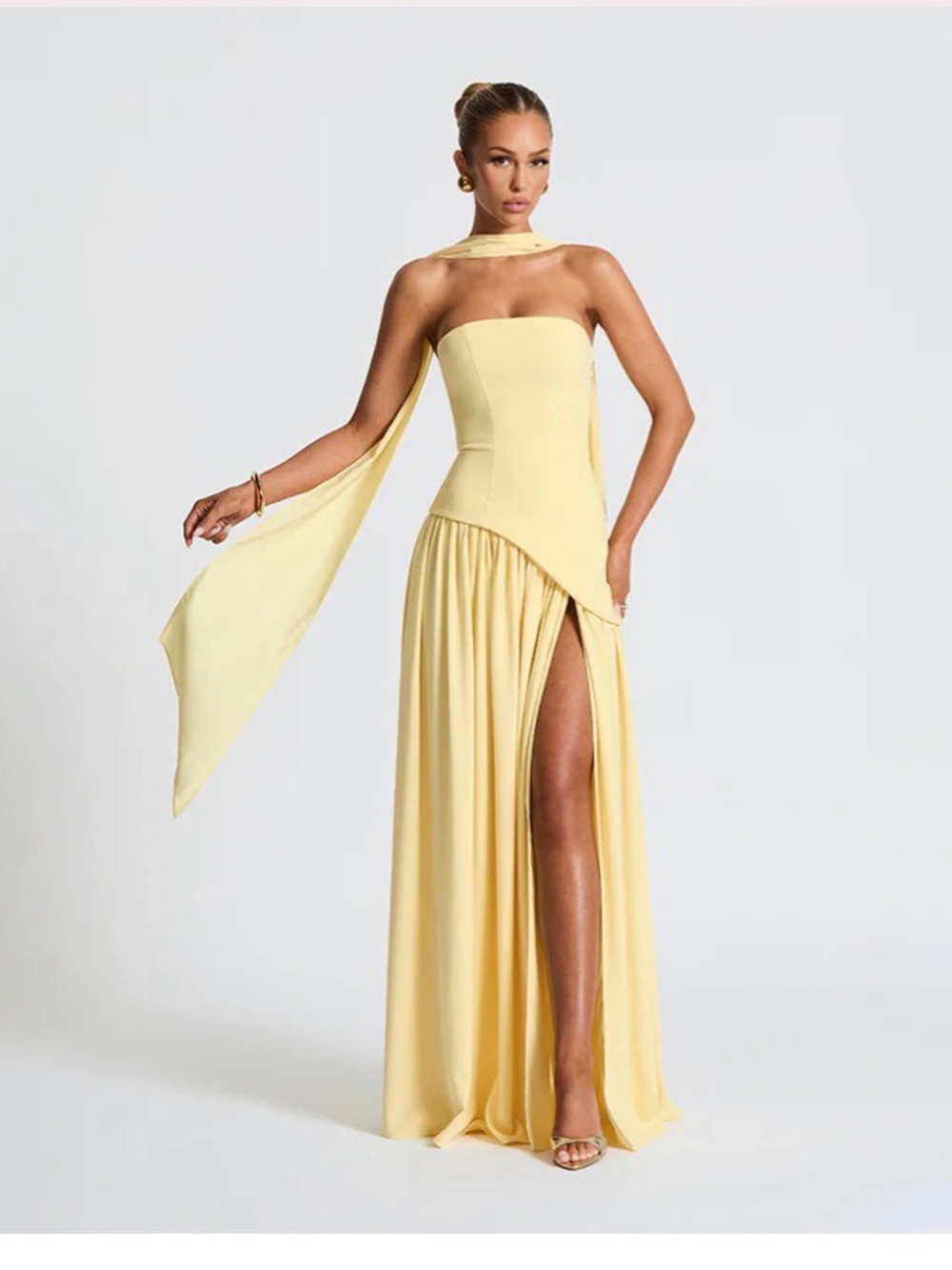 Ella Strapless Pale Yellow Evening Gown w Draped Scarf. BRAND NEW W/TAGS